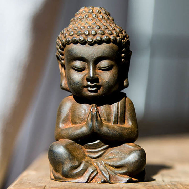 Buddha Stones Handmade Small Sakyamuni Buddha Iron Powder Rust Cast Resin Statue Decoration