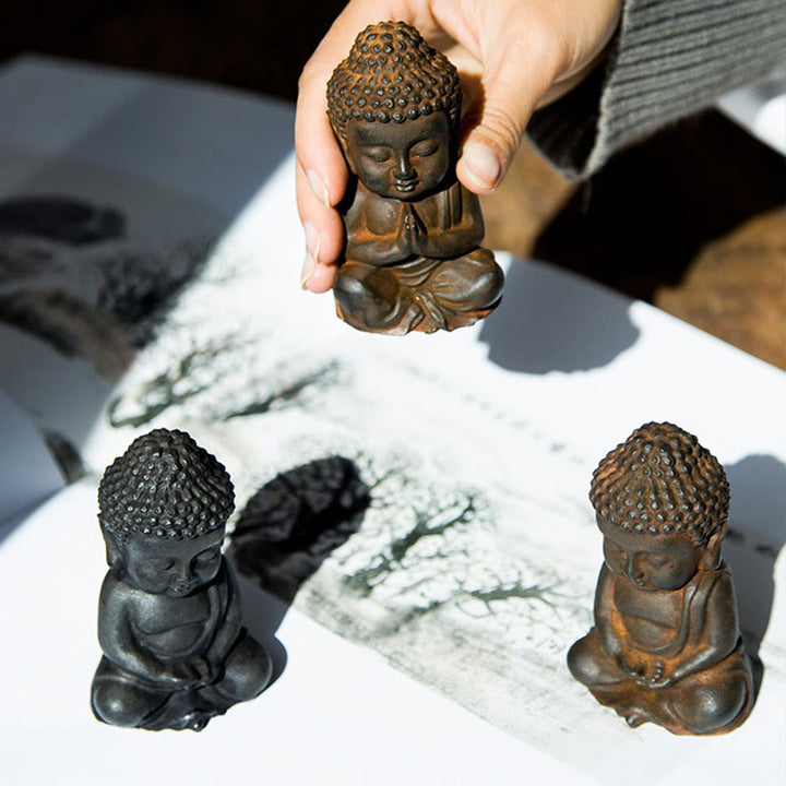 Buddha Stones Handmade Small Sakyamuni Buddha Iron Powder Rust Cast Resin Statue Decoration