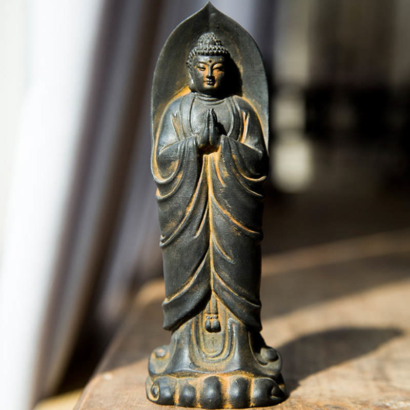 Buddha Stones Handmade Sakyamuni Buddha Namaste Iron Powder Rust Cast Resin Statue Decoration