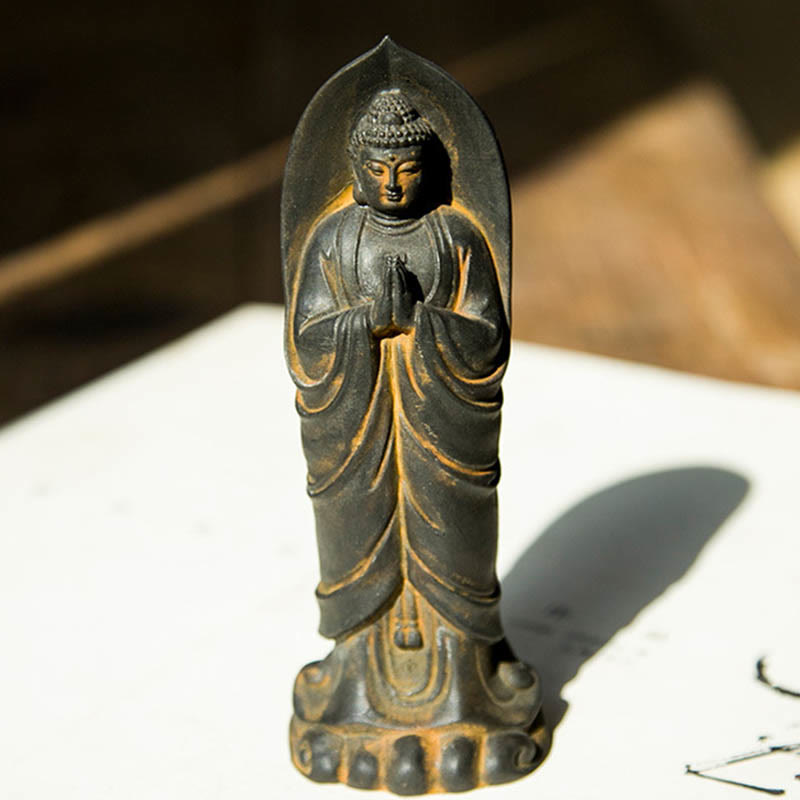 Buddha Stones Handmade Sakyamuni Buddha Namaste Iron Powder Rust Cast Resin Statue Decoration - image 1