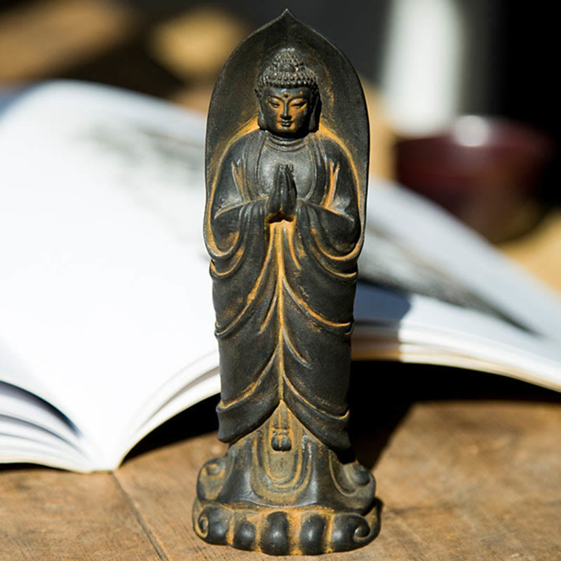 Buddha Stones Handmade Sakyamuni Buddha Namaste Iron Powder Rust Cast Resin Statue Decoration