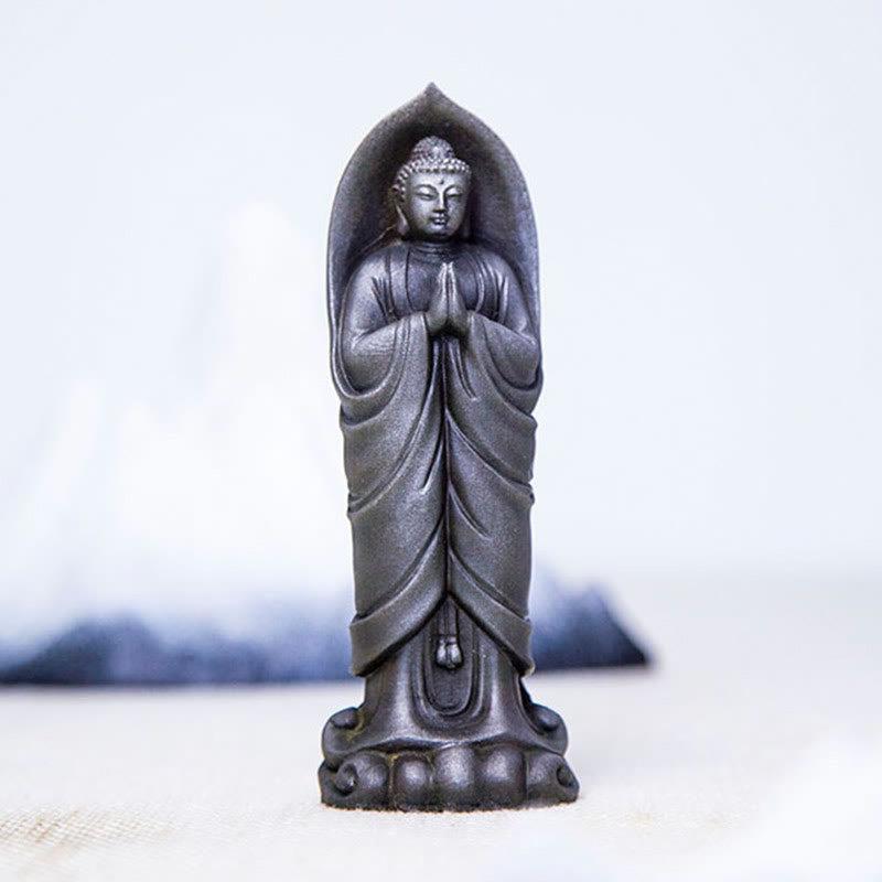 Buddha Stones Handmade Sakyamuni Buddha Namaste Iron Powder Rust Cast Resin Statue Decoration