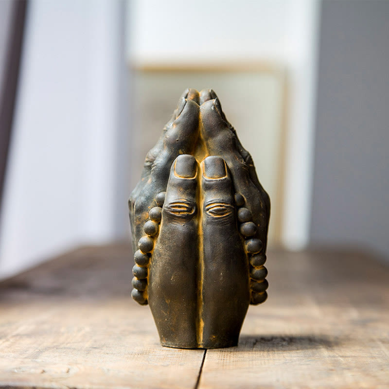 Buddha Stones Handmade Buddha Hand Namaste Iron Powder Rust Cast Resin Statue Decoration