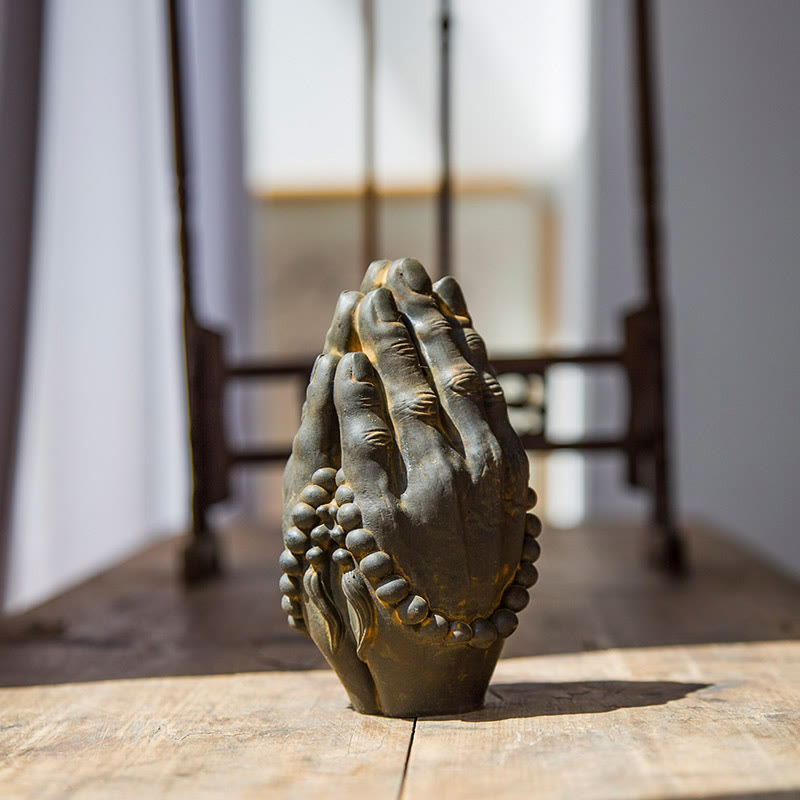 Buddha Stones Handmade Buddha Hand Namaste Iron Powder Rust Cast Resin Statue Decoration