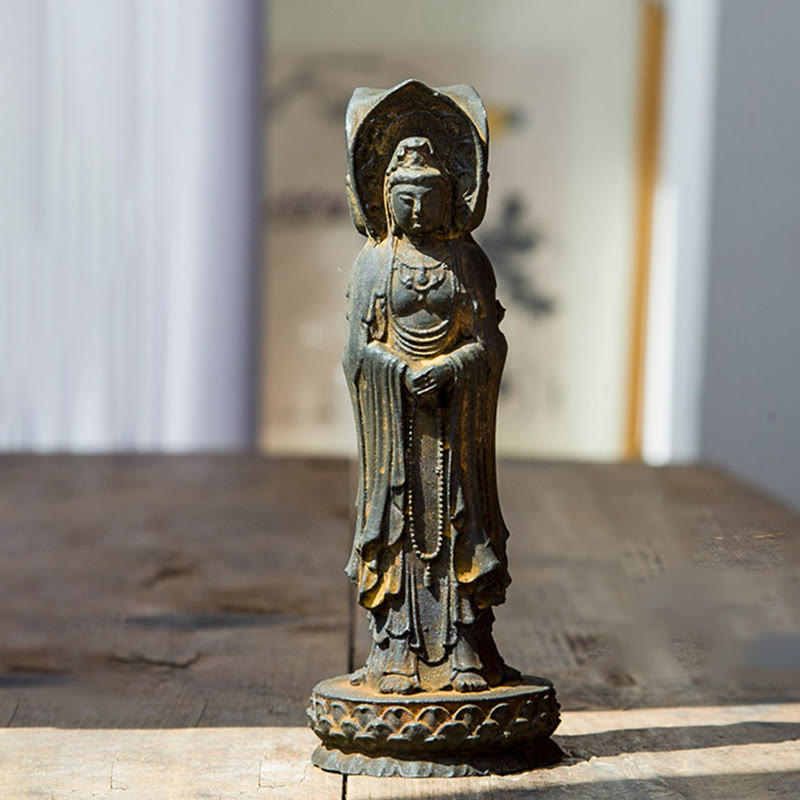 Buddha Stones Three-sided Kwan Yin Avalokitesvara Iron Powder Rust Cast Resin Statue Wealth Desk Decoration - image 1