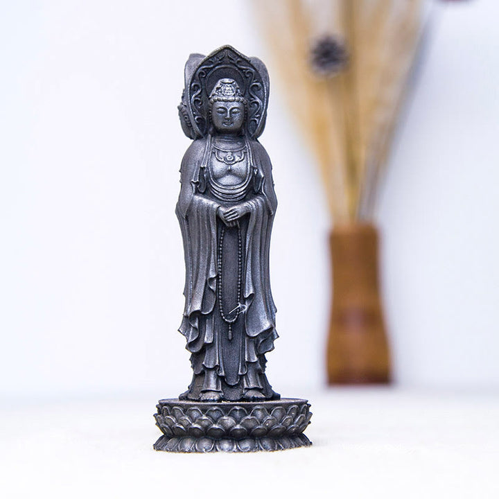 Buddha Stones Three-sided Kwan Yin Avalokitesvara Iron Powder Rust Cast Resin Statue Wealth Desk Decoration