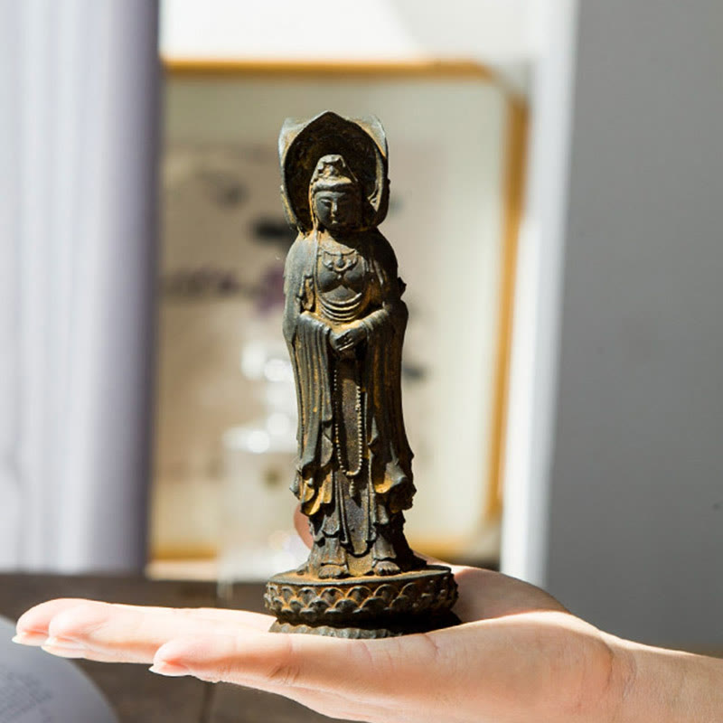 Buddha Stones Three-sided Kwan Yin Avalokitesvara Iron Powder Rust Cast Resin Statue Wealth Desk Decoration