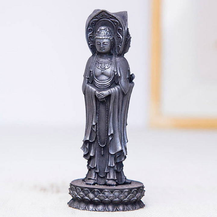 Buddha Stones Three-sided Kwan Yin Avalokitesvara Iron Powder Rust Cast Resin Statue Wealth Desk Decoration