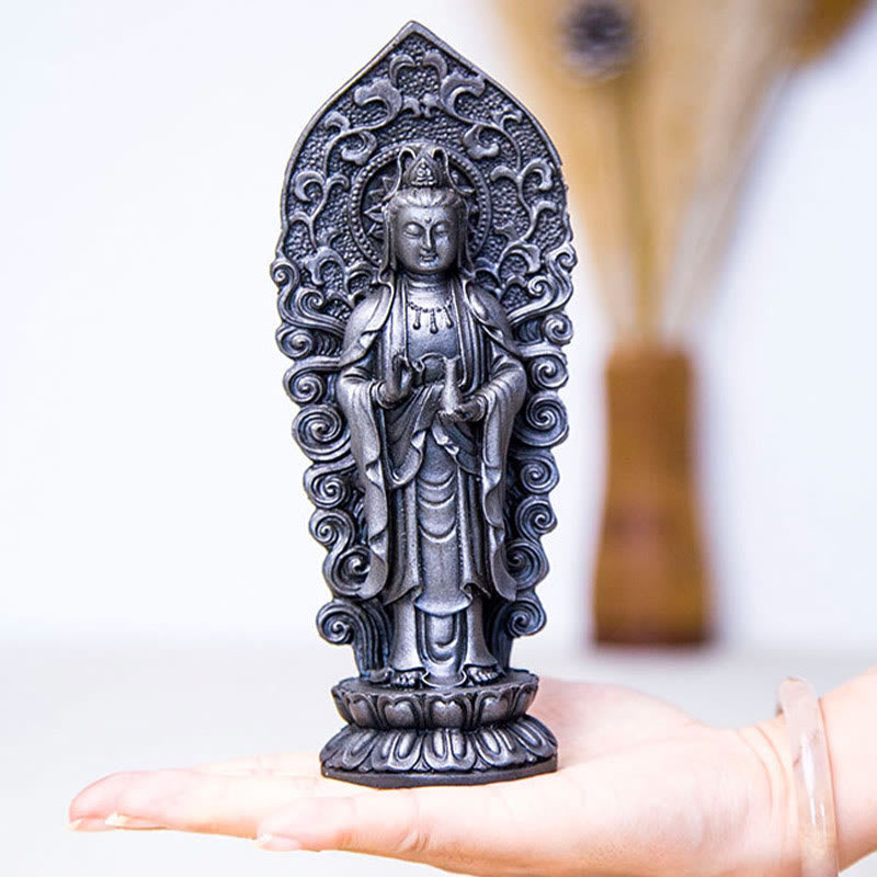 Buddha Stones Handmade Amitabha Guanyin Avalokitesvara Mahasthamaprapta Iron Powder Rust Cast Resin Statue Decoration