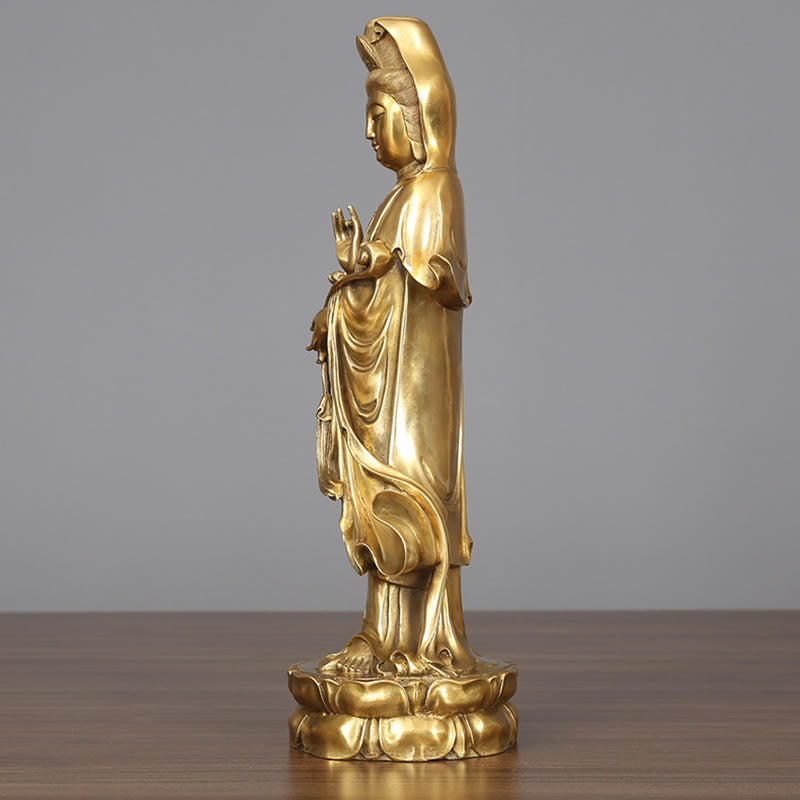 Buddha Stones Golden Standing Kwan Yin Avalokitesvara Wealth Brass Copper Statue Home Desk Decoration