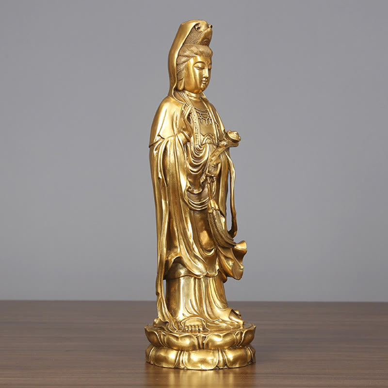 Buddha Stones Golden Standing Kwan Yin Avalokitesvara Wealth Brass Copper Statue Home Desk Decoration