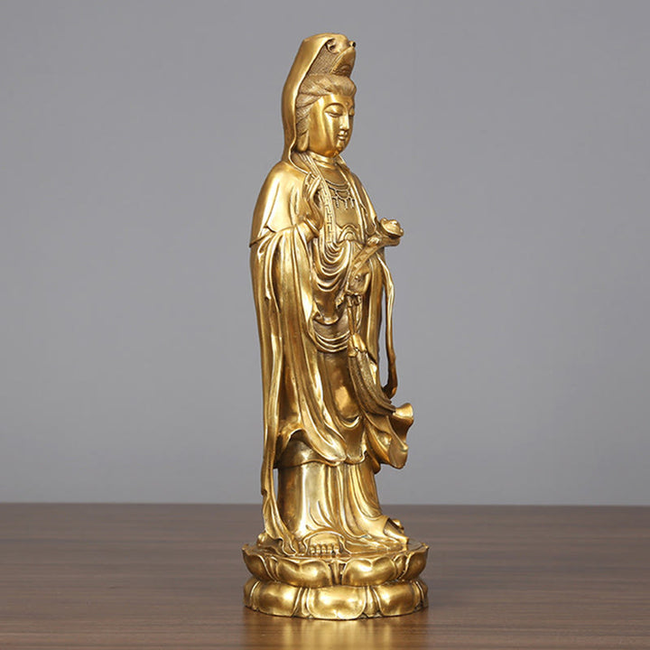 Buddha Stones Golden Standing Kwan Yin Avalokitesvara Wealth Brass Copper Statue Home Desk Decoration