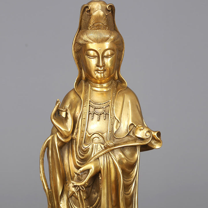 Buddha Stones Golden Standing Kwan Yin Avalokitesvara Wealth Brass Copper Statue Home Desk Decoration