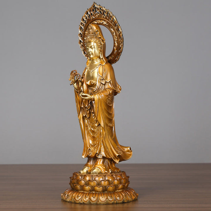 Buddha Stones Kwan Yin Avalokitesvara Lotus Aura Success Brass Copper Statue Home Decoration