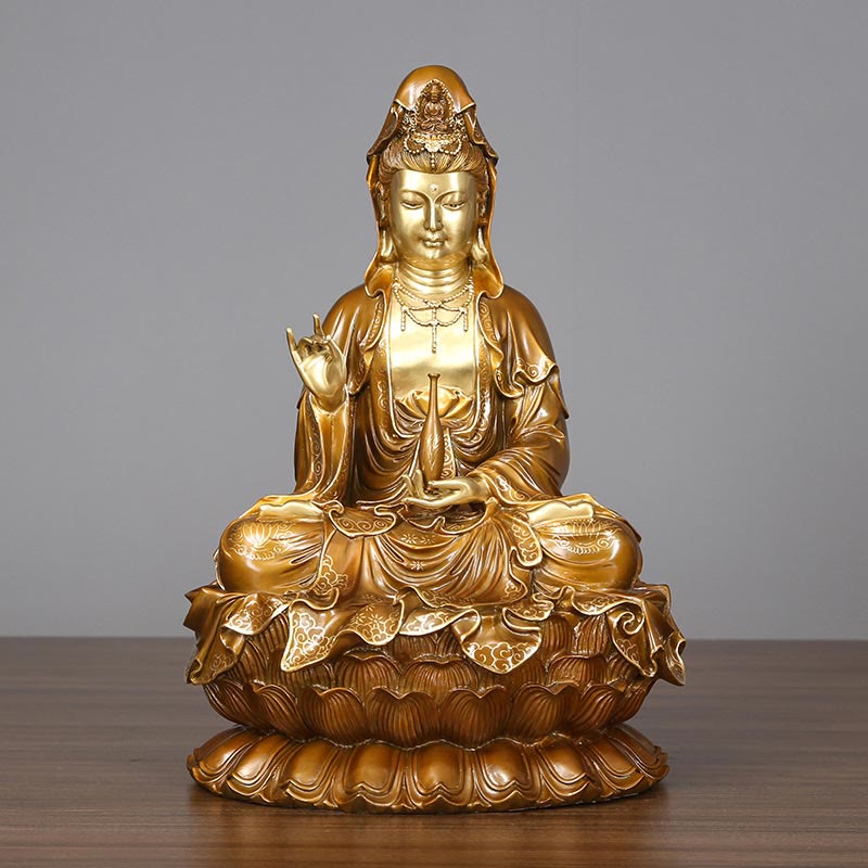 Buddha Stones Kwan Yin Avalokitesvara Lotus Sitting Harmony Brass Copper Statue Home Altar Decoration - image 12