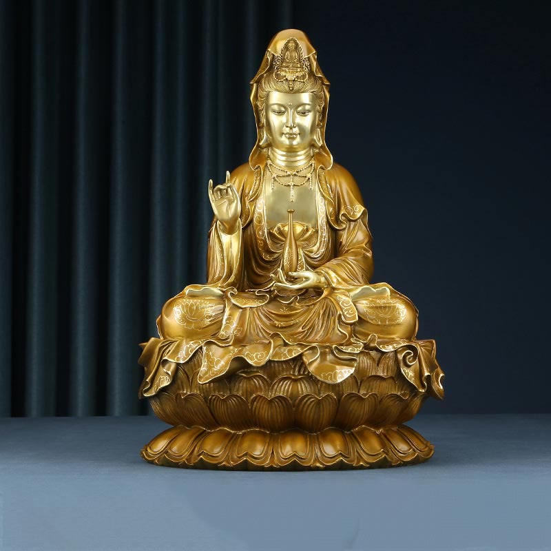 Buddha Stones Kwan Yin Avalokitesvara Lotus Sitting Harmony Brass Copper Statue Home Altar Decoration