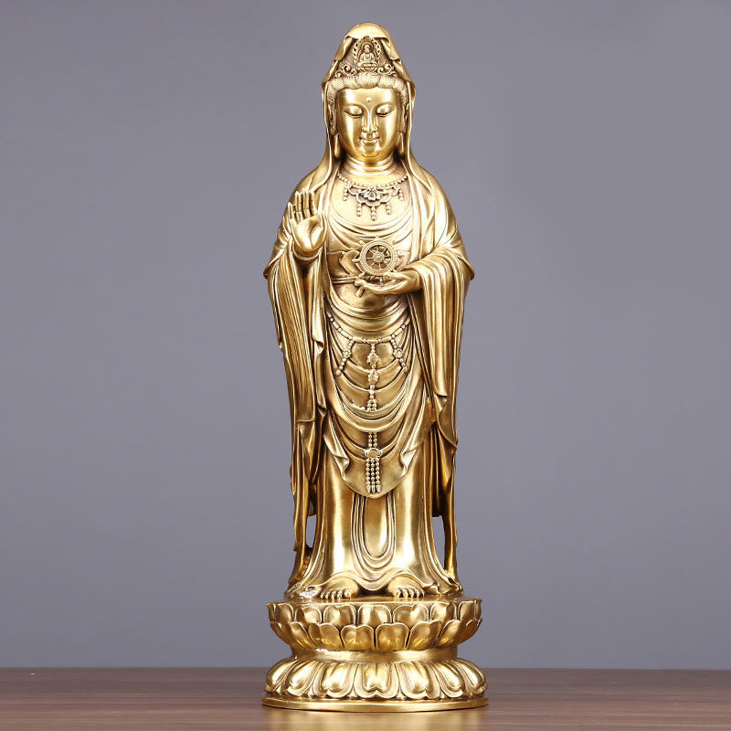 Buddha Stones Kwan Yin Avalokitesvara Holding The Dharma Wheel Wealth Brass Copper Statue Decoration