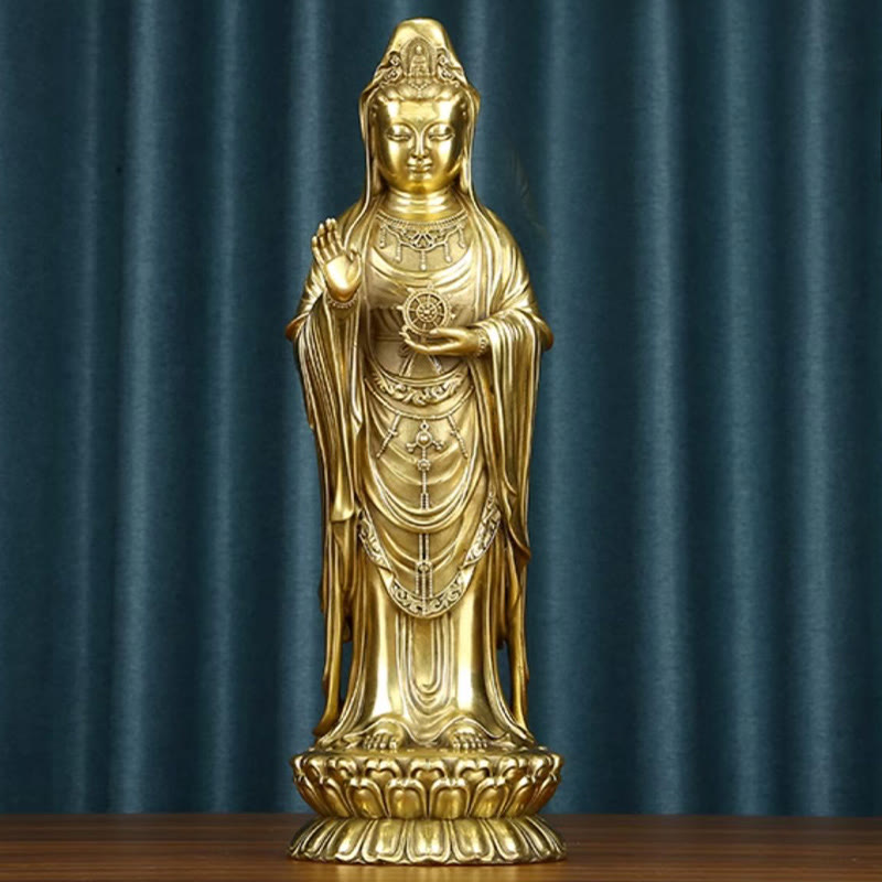 Buddha Stones Kwan Yin Avalokitesvara Holding The Dharma Wheel Wealth Brass Copper Statue Decoration