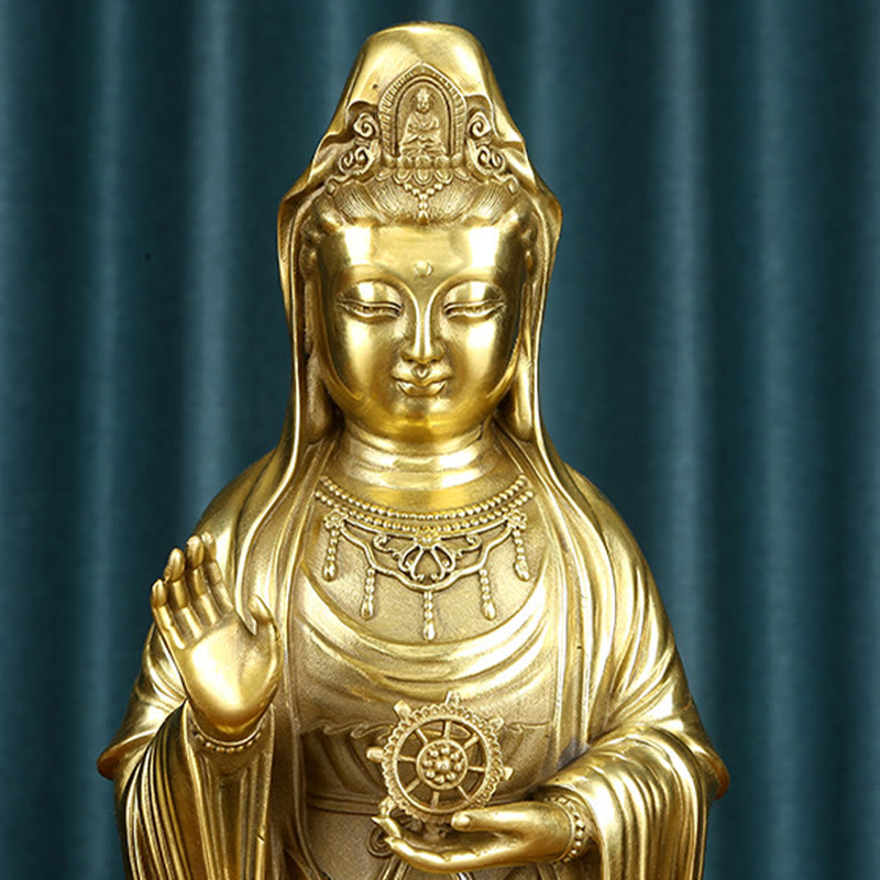 Buddha Stones Kwan Yin Avalokitesvara Holding The Dharma Wheel Wealth Brass Copper Statue Decoration