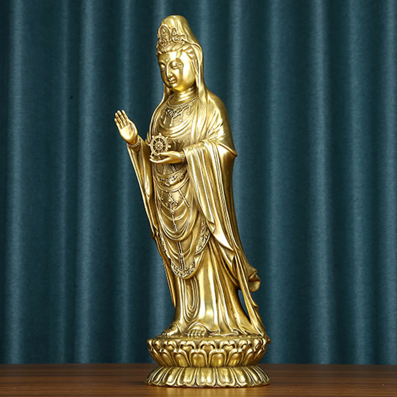 Buddha Stones Kwan Yin Avalokitesvara Holding The Dharma Wheel Wealth Brass Copper Statue Decoration