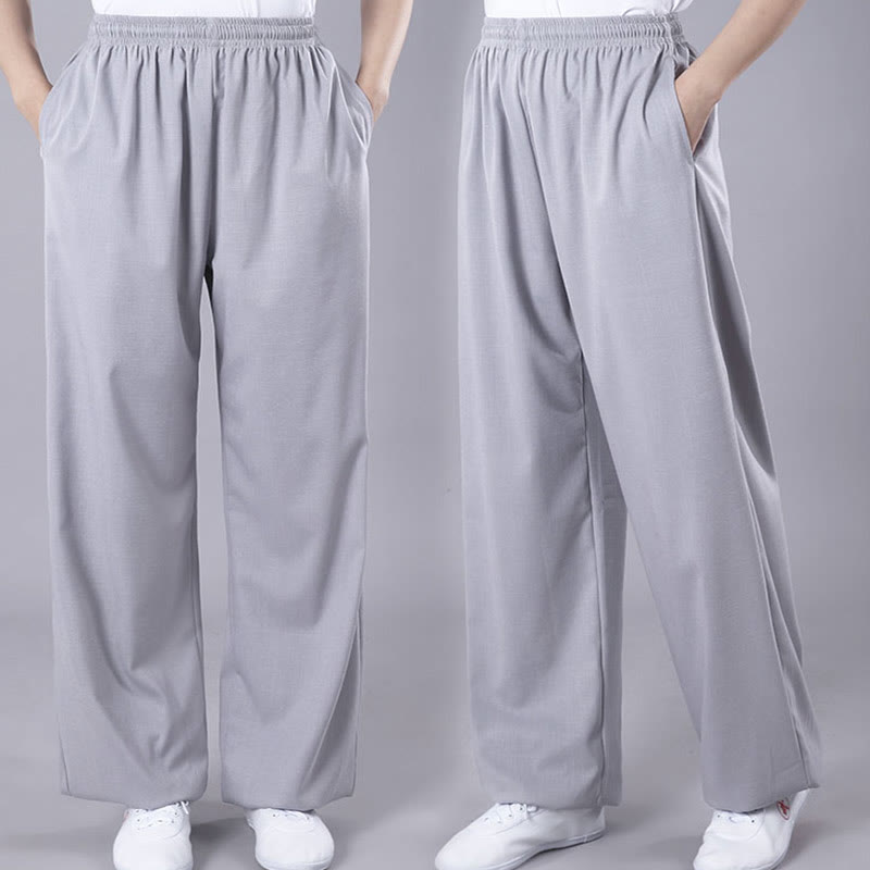 Buddha Stones Summer Unisex Elastic Waist Tai Chi Qigong Practice Breathable Cotton Linen Pants With Pockets - image 8
