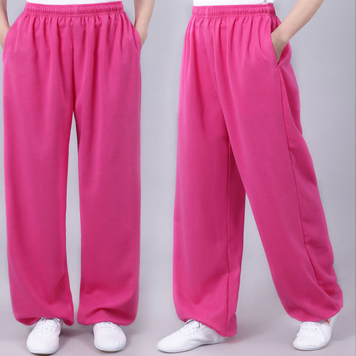 Buddha Stones Summer Unisex Elastic Waist Tai Chi Qigong Practice Breathable Cotton Linen Pants With Pockets - image 21
