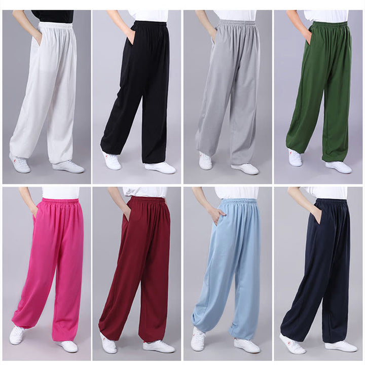 Buddha Stones Summer Unisex Elastic Waist Tai Chi Qigong Practice Breathable Cotton Linen Pants With Pockets - image 28