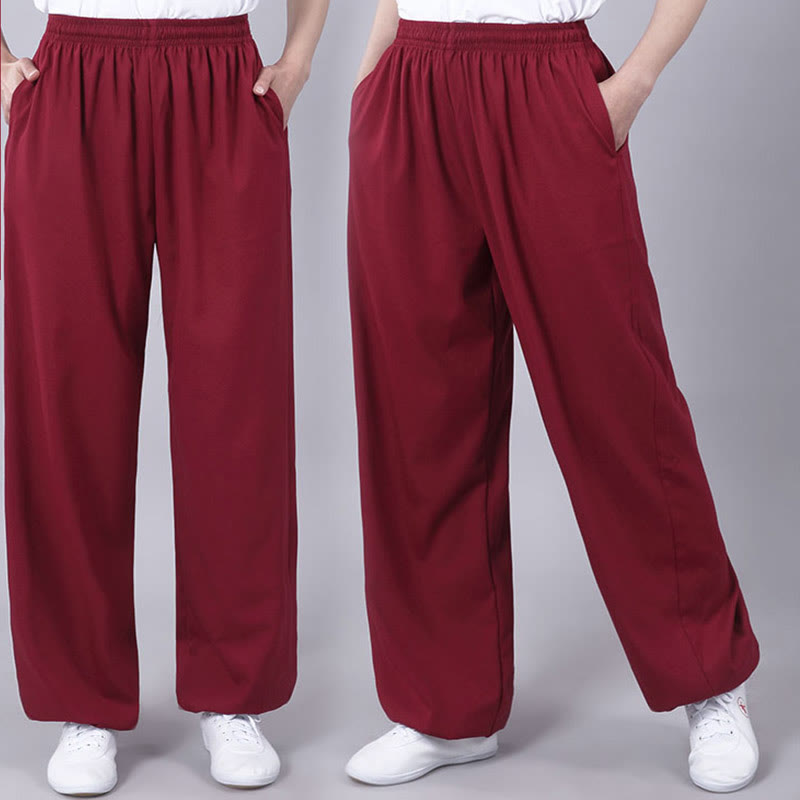 Buddha Stones Summer Unisex Elastic Waist Tai Chi Qigong Practice Breathable Cotton Linen Pants With Pockets