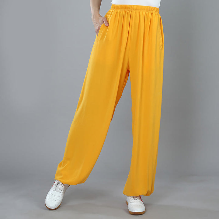 Buddha Stones Summer Unisex Elastic Waist Tai Chi Kung Fu Qigong Practice Cotton Breathable Pants With Pockets - Yellow - 3XL-FIT FOR US/UK/AU/EU-2XL - image 9