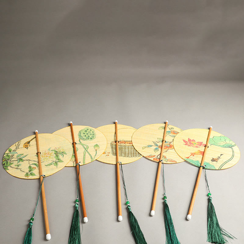 Buddha Stones Handmade Birds Flowers Persimmons Fruit Koi Fish Lotus Bamboo Long Handle Portable Curlable Fan