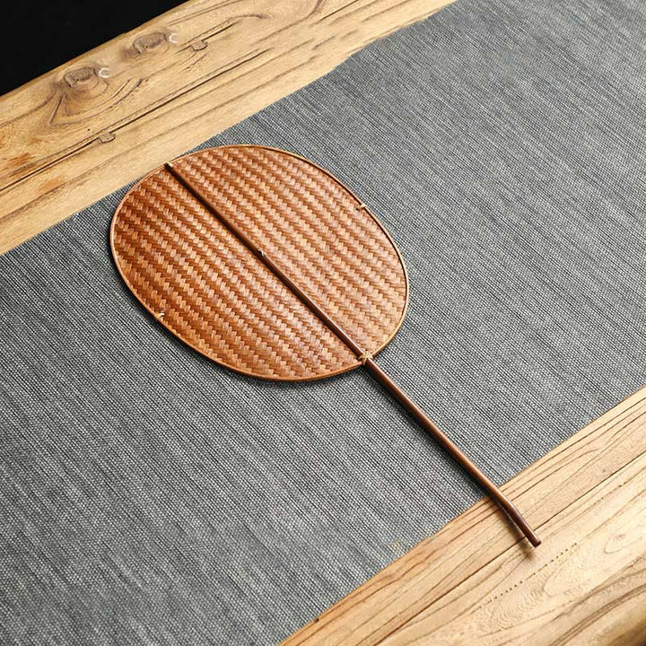 Buddha Stones Chinese Style Handmade Bamboo Woven Round Oval Banana Shape Long Handle Fan