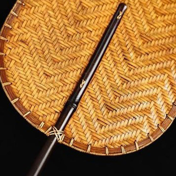 Buddha Stones Chinese Style Handmade Bamboo Woven Round Oval Banana Shape Long Handle Fan