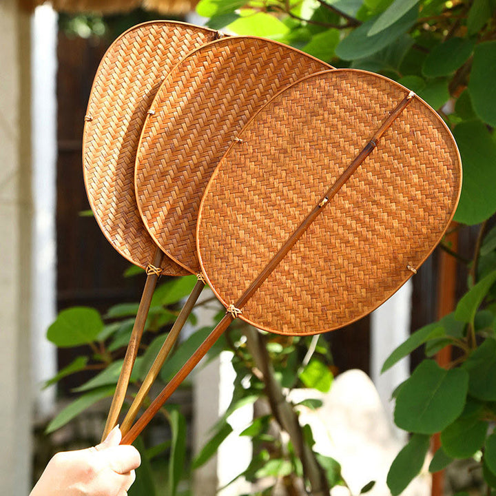 Buddha Stones Chinese Style Handmade Bamboo Woven Oval Round Banana Conical Shape Long Handle Fan