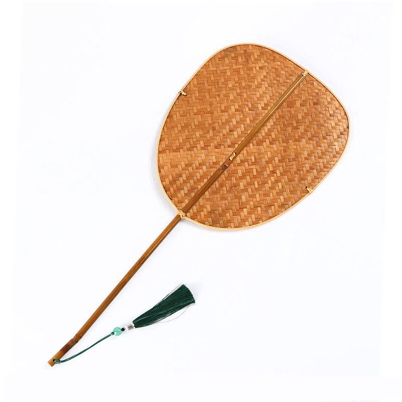 Buddha Stones Chinese Style Handmade Bamboo Woven Oval Round Banana Conical Shape Long Handle Fan