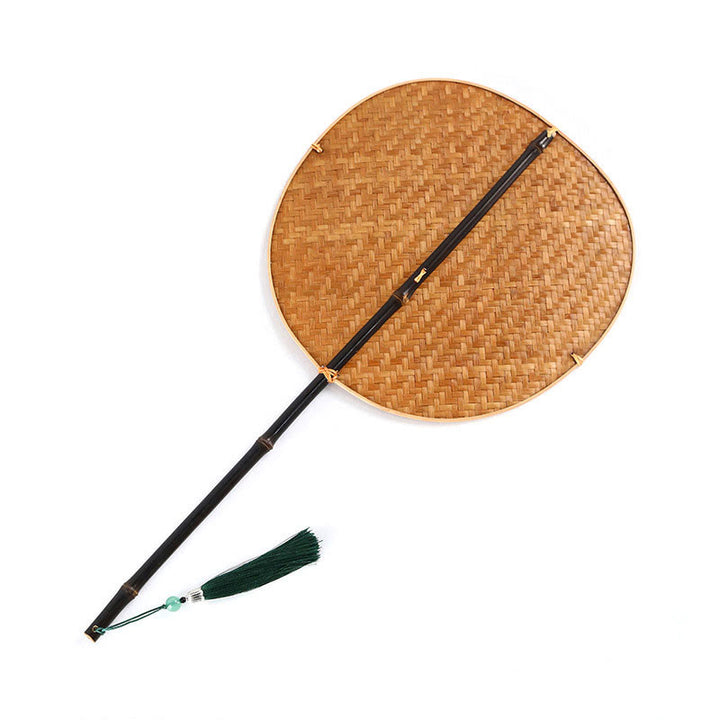 Buddha Stones Chinese Style Handmade Bamboo Woven Oval Round Banana Conical Shape Long Handle Fan