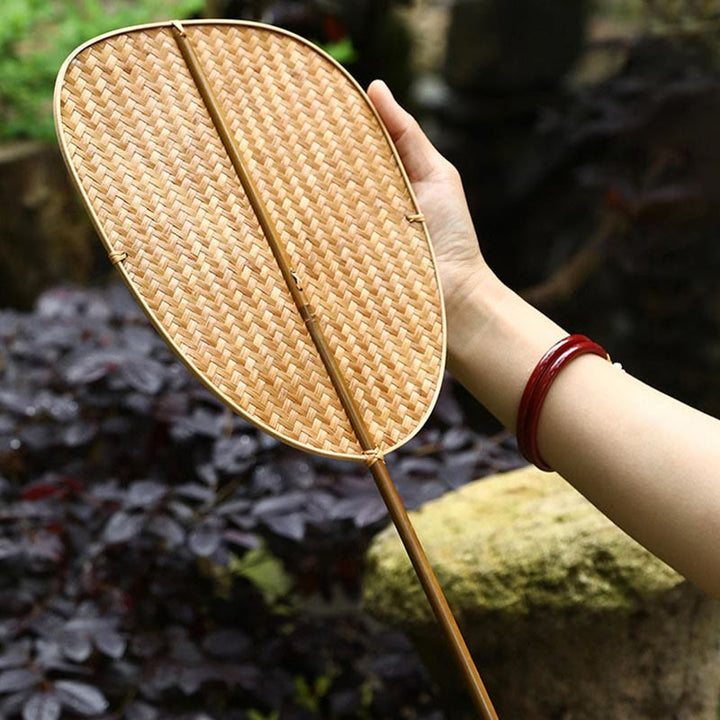 Buddha Stones Chinese Style Handmade Bamboo Woven Oval Round Banana Conical Shape Long Handle Fan