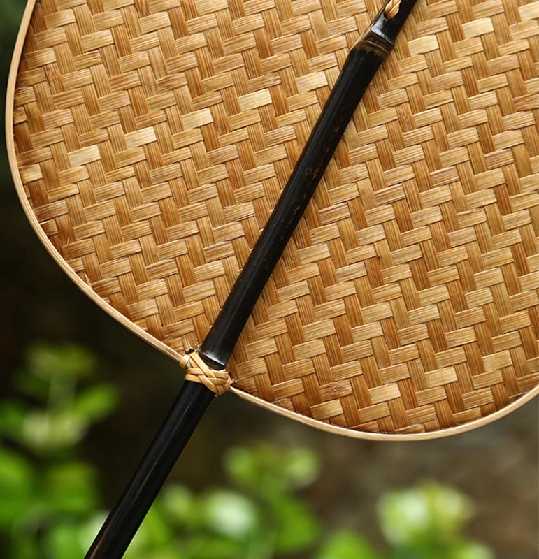 Buddha Stones Chinese Style Handmade Bamboo Woven Oval Round Banana Conical Shape Long Handle Fan