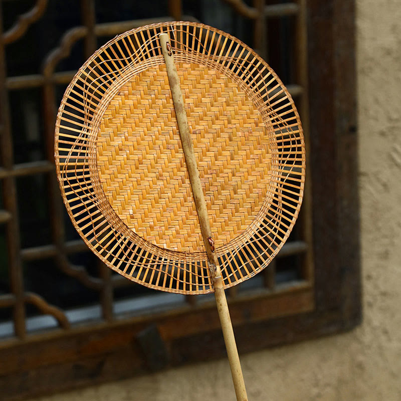 Buddha Stones Summer Retro Chinese Style Handmade Bamboo Woven Round Banana Shape Long Handle Fan