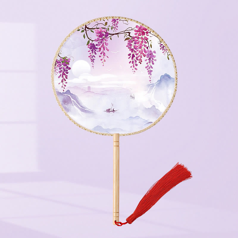 Buddha Stones Ginkgo Leaf Koi Fish Cherry Blossom Spring Flowers Handheld Wood Handle Fan