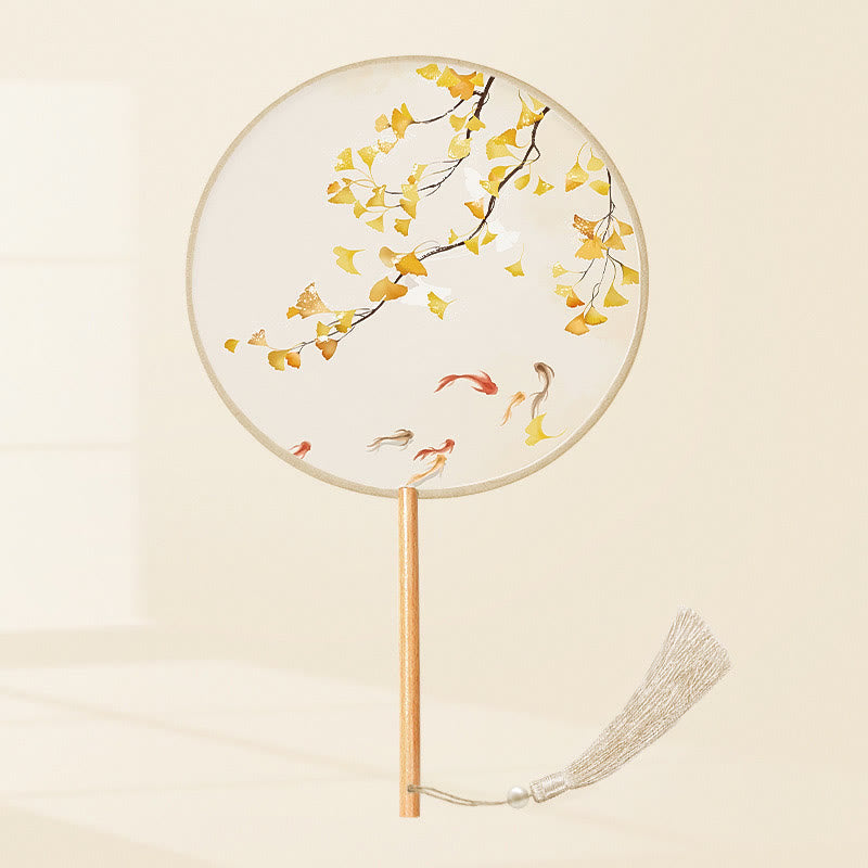 Buddha Stones Ginkgo Leaf Koi Fish Cherry Blossom Spring Flowers Handheld Wood Handle Fan