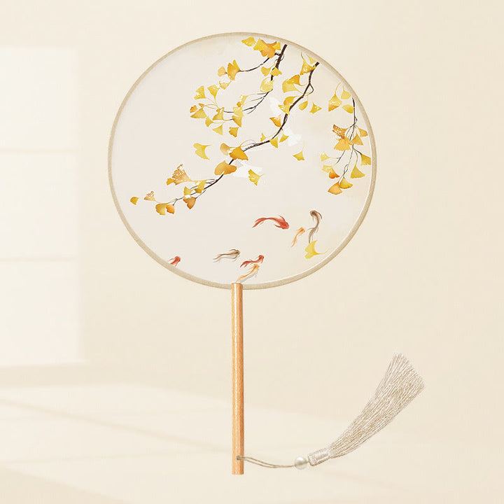 Buddha Stones Ginkgo Leaf Koi Fish Cherry Blossom Spring Flowers Handheld Wood Handle Fan