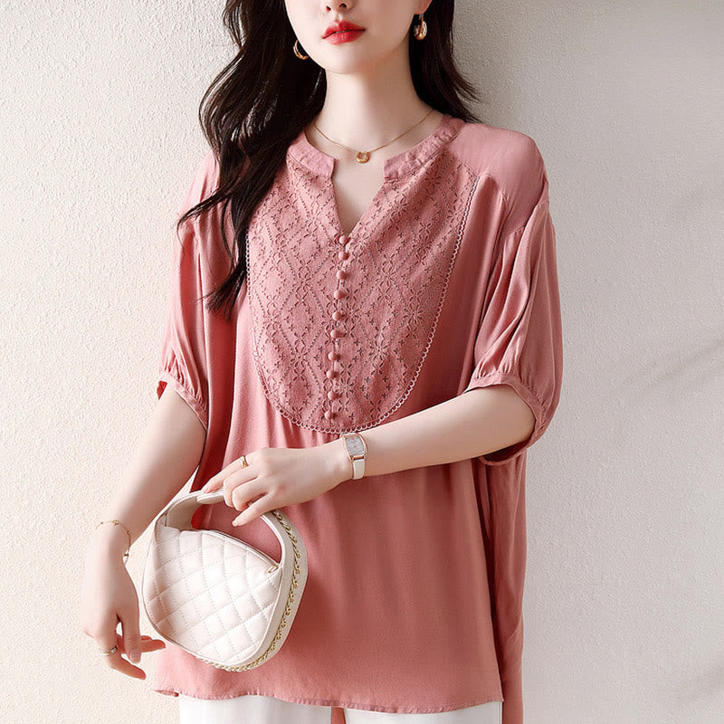 Buddha Stones V-Neck Pink Buttons Design Half Sleeve T-shirt Tee - image 4
