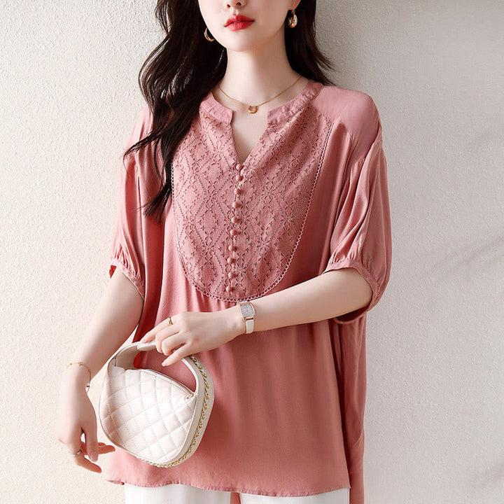 Buddha Stones V-Neck Pink Buttons Design Half Sleeve T-shirt Tee - image 4
