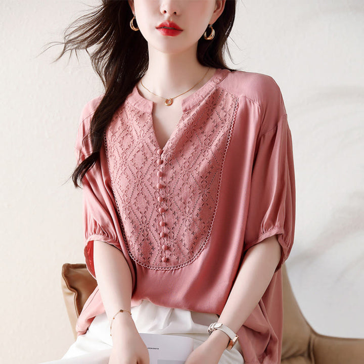 Buddha Stones V-Neck Pink Buttons Design Half Sleeve T-shirt Tee - image 10