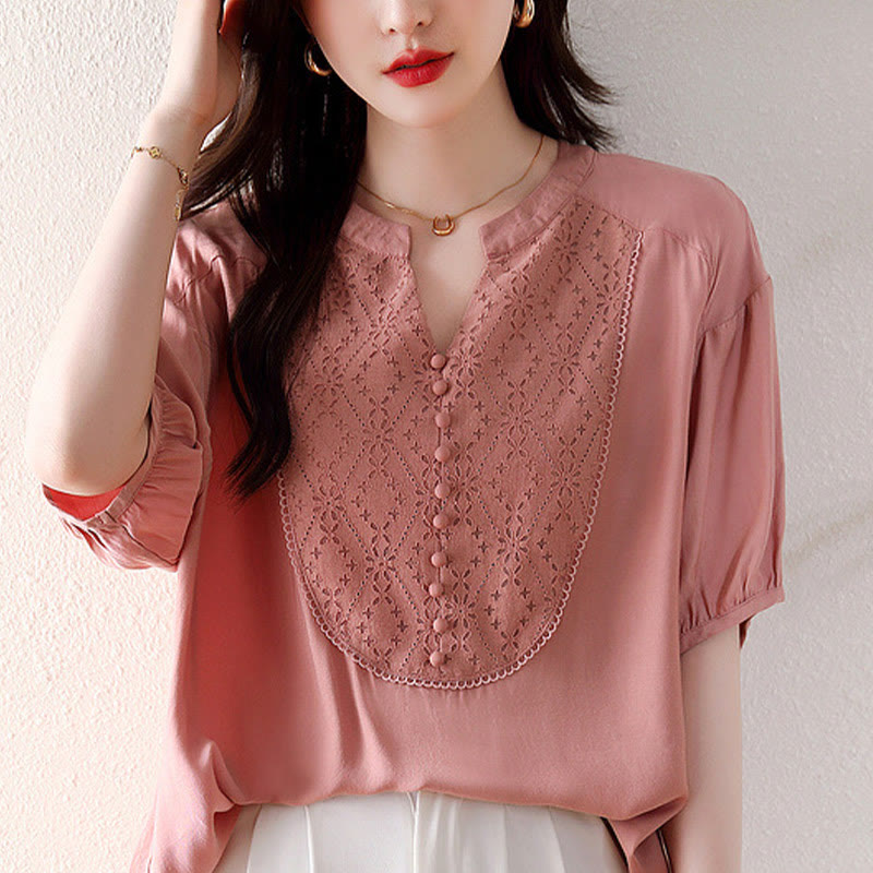 Buddha Stones V-Neck Pink Buttons Design Half Sleeve T-shirt Tee - image 14