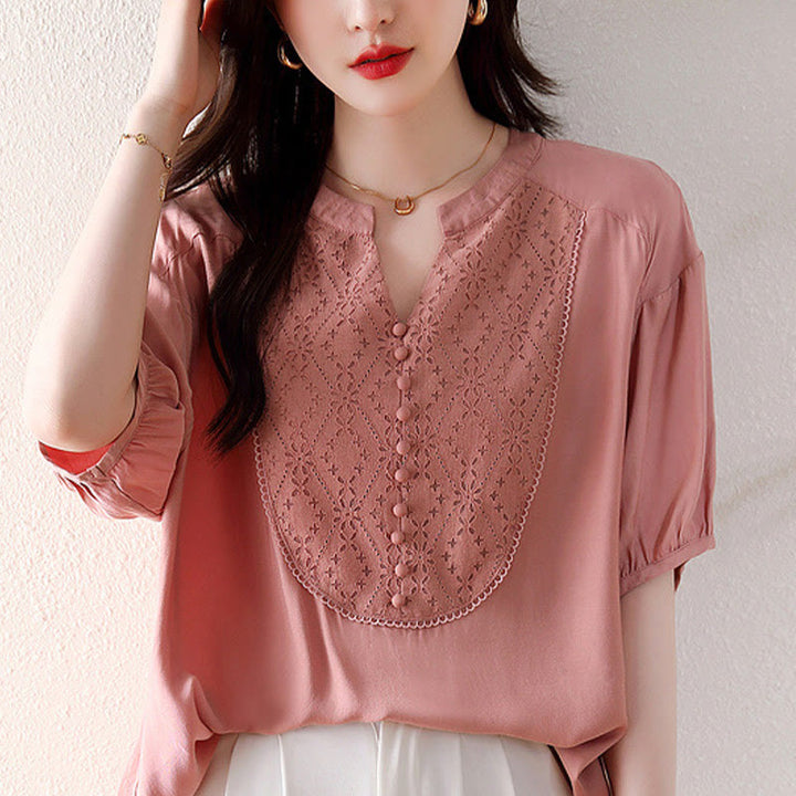 Buddha Stones V-Neck Pink Buttons Design Half Sleeve T-shirt Tee - image 14