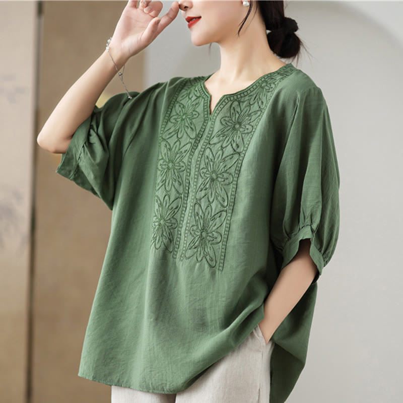 Buddha Stones Flower Embroidery Design Half Sleeve Cotton Linen T-shirt Tee