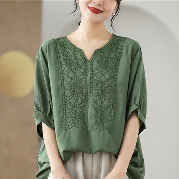 Buddha Stones Flower Embroidery Design Half Sleeve Cotton Linen T-shirt Tee - image 1