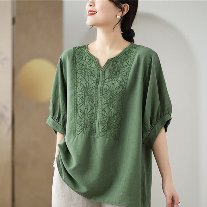 Buddha Stones Flower Embroidery Design Half Sleeve Cotton Linen T-shirt Tee - image 4