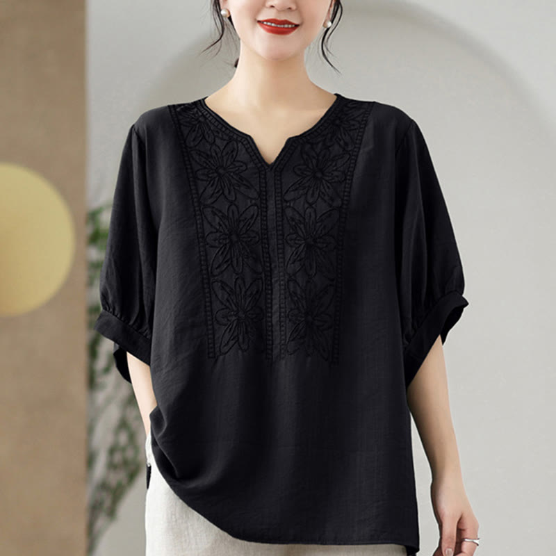 Buddha Stones Flower Embroidery Design Half Sleeve Cotton Linen T-shirt Tee - image 12